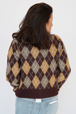 Argyle Cardigan Sweater in Wine