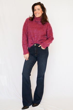 KUT Ana High Rise Fab Ab Flare Raw Hem Jean in Wave