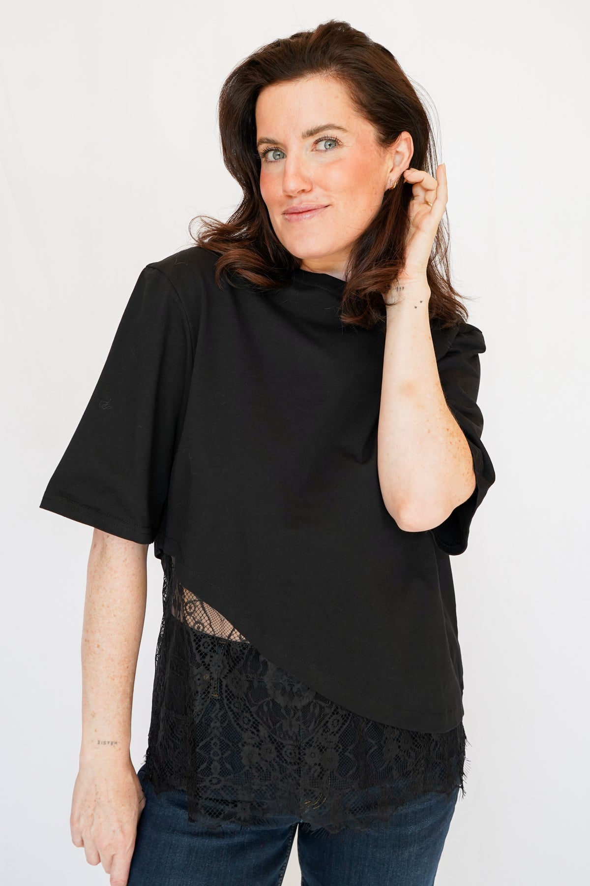 Camila Layered Lace Hem Tee in Black
