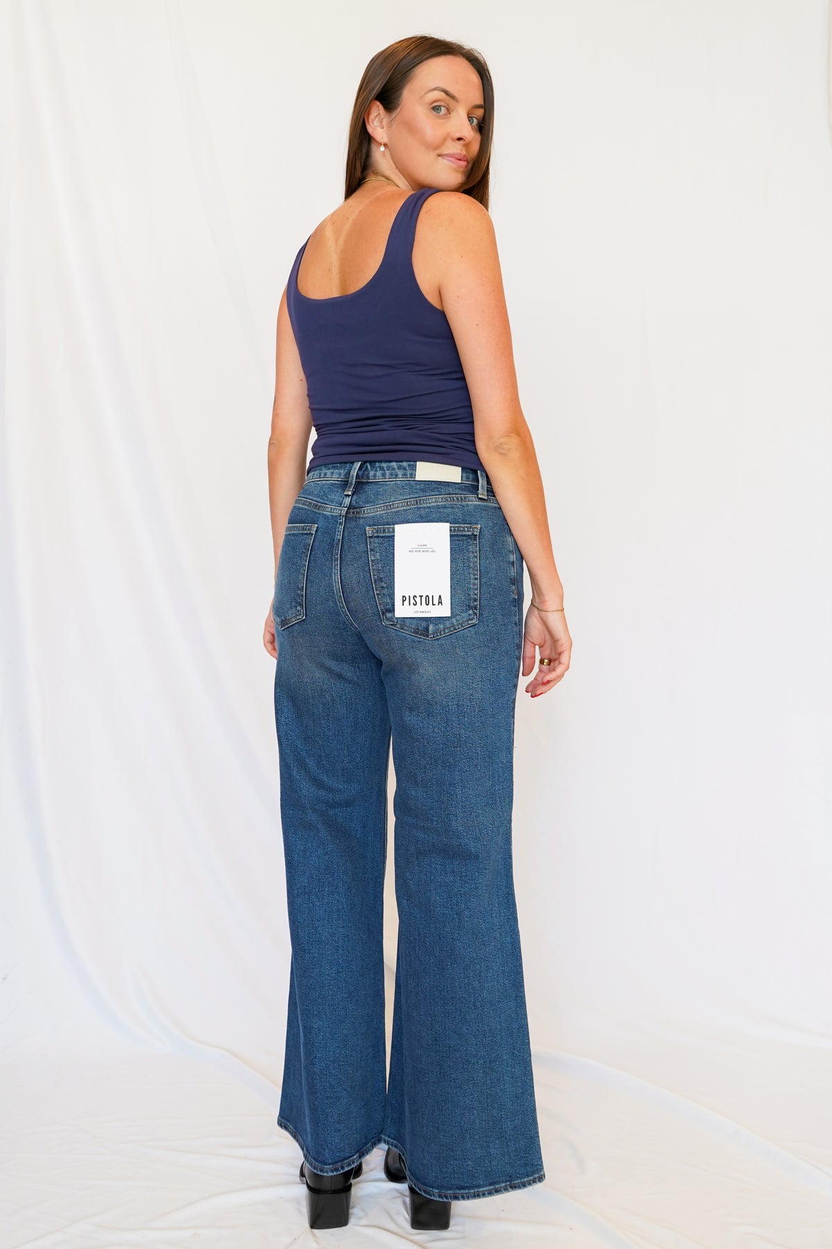 Pistola Vivian Mid Rise Wide Leg Jean in Blue Depths