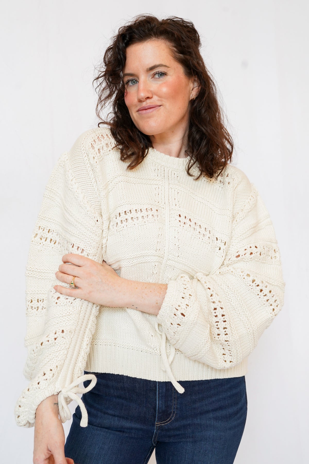 Cinched Sleeve Sweater in Off White