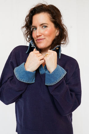 Denim Collared Sweater in Navy