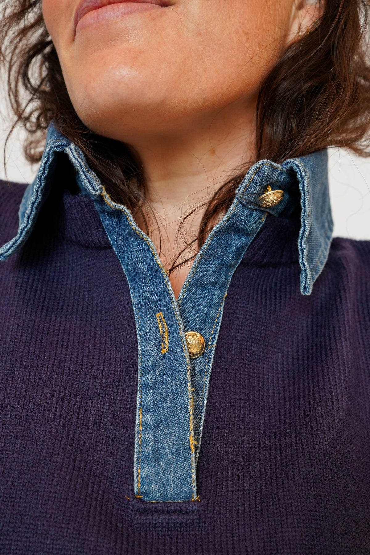 Denim Collared Sweater in Navy