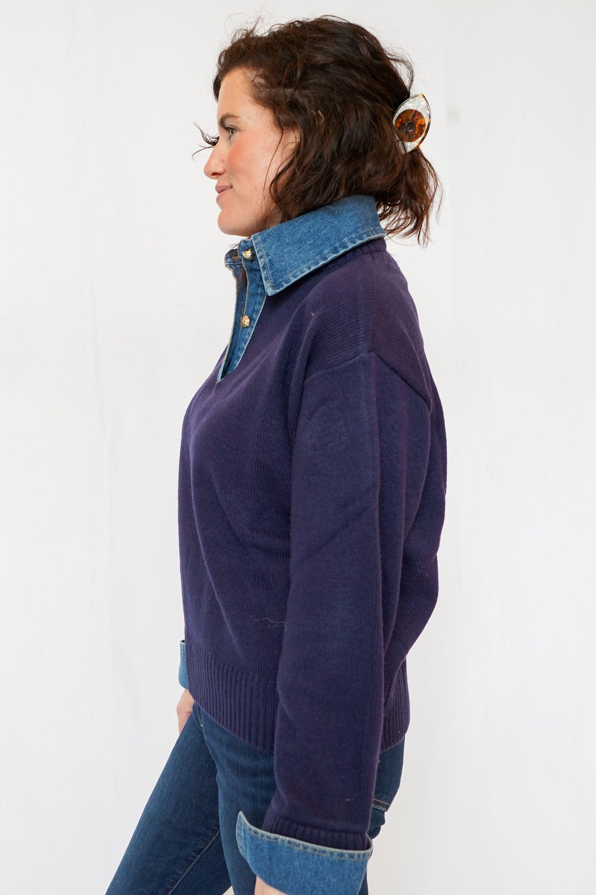 Denim Collared Sweater in Navy