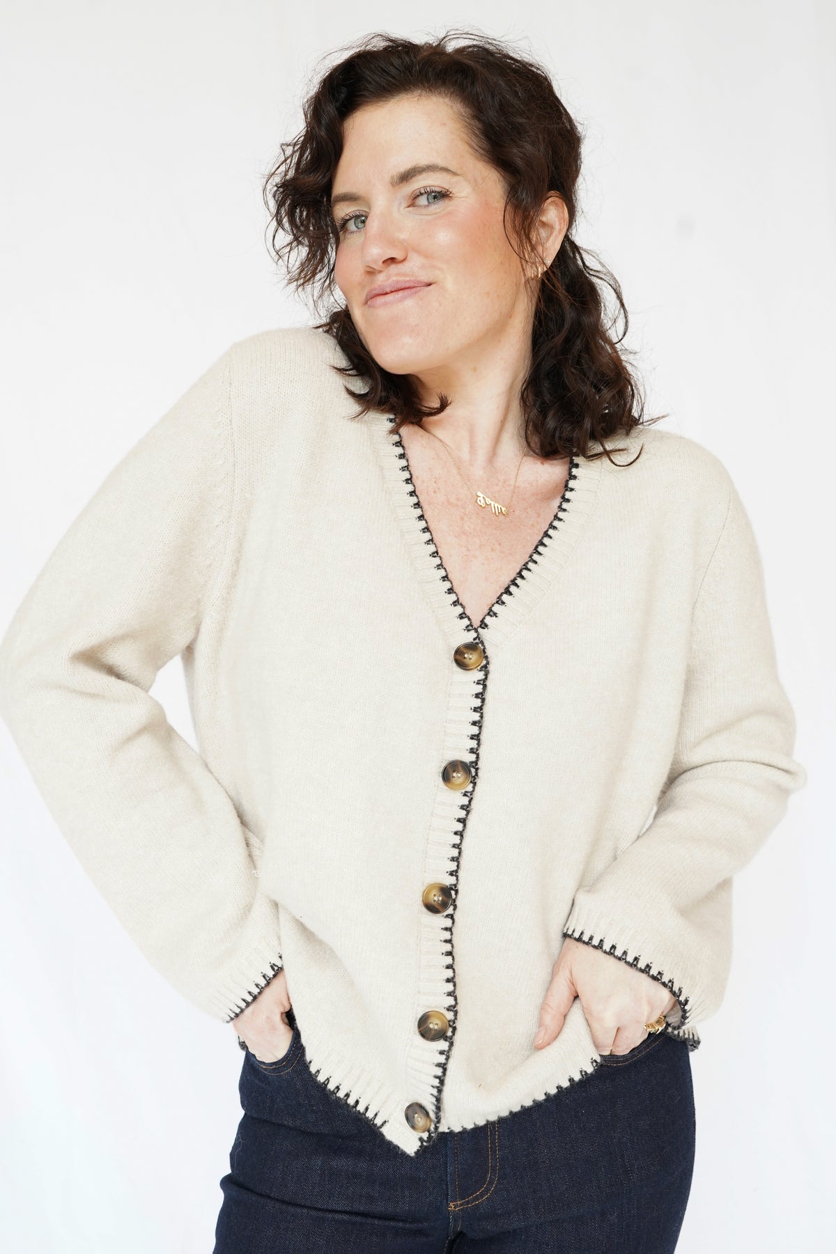 Picot Stitch Cardigan in Ecru