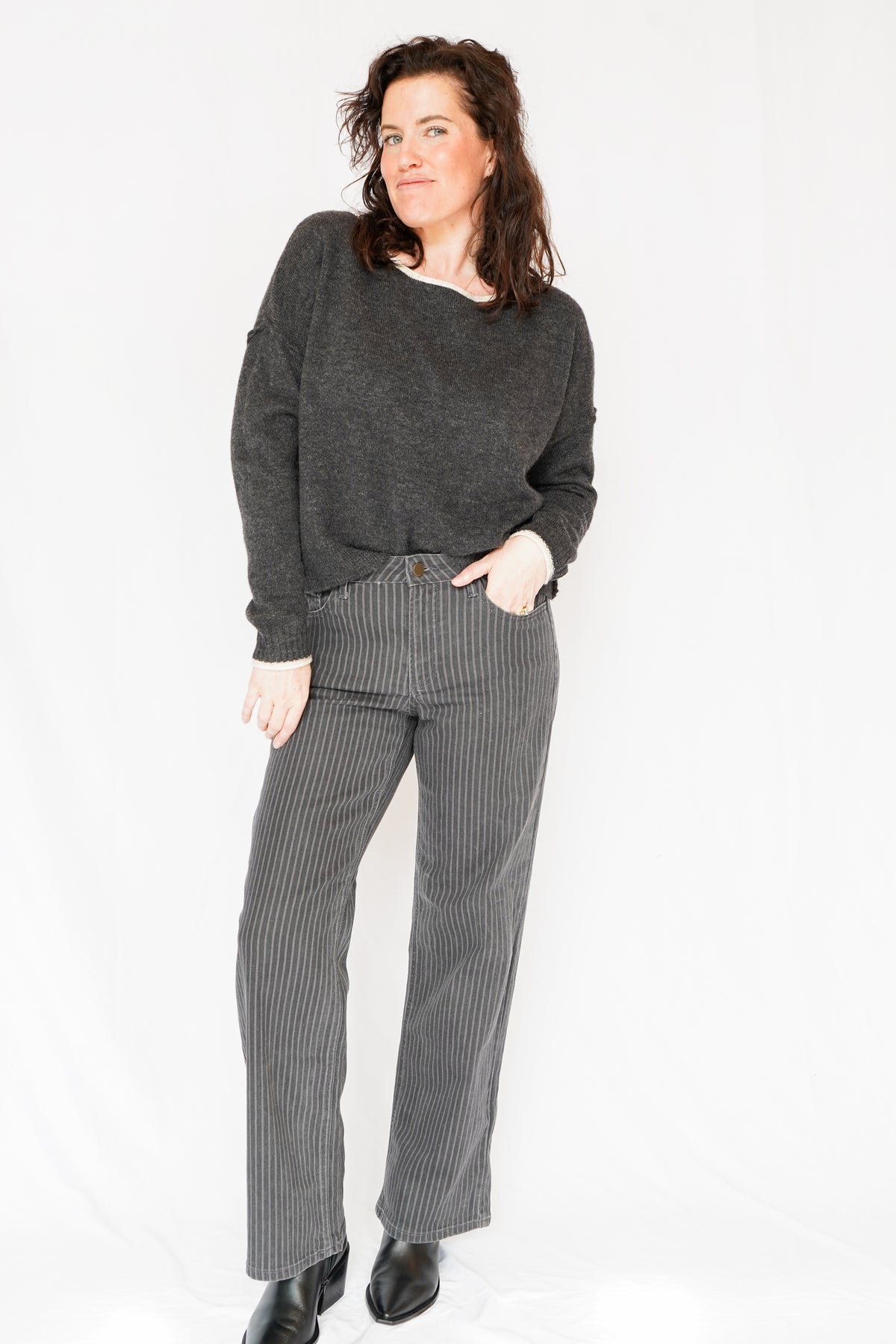 Just Black Denim Grey Stripe Straight Leg Pants