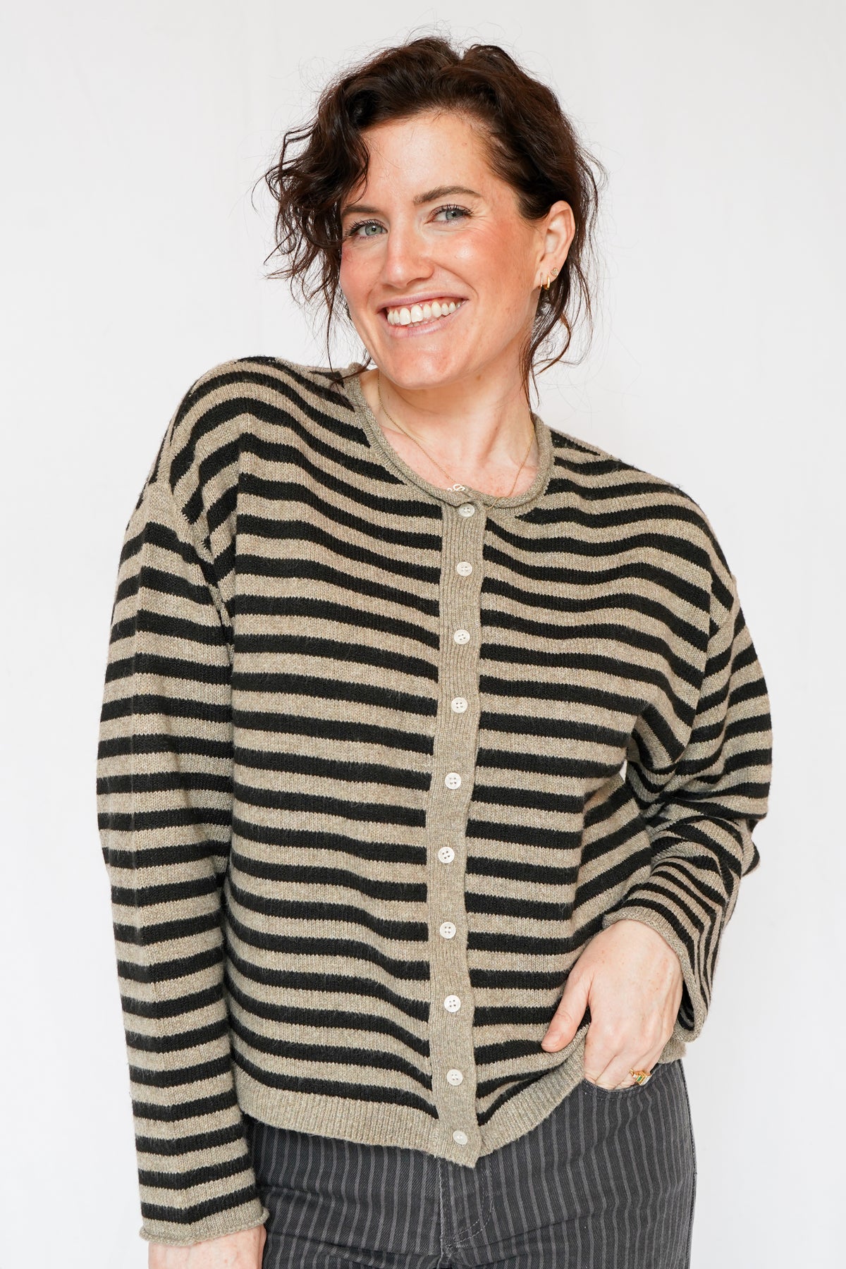 Dover Button Front Cardigan Sweater in Pewter Black Stripe