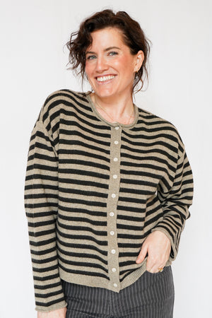 Dover Button Front Cardigan Sweater in Pewter Black Stripe