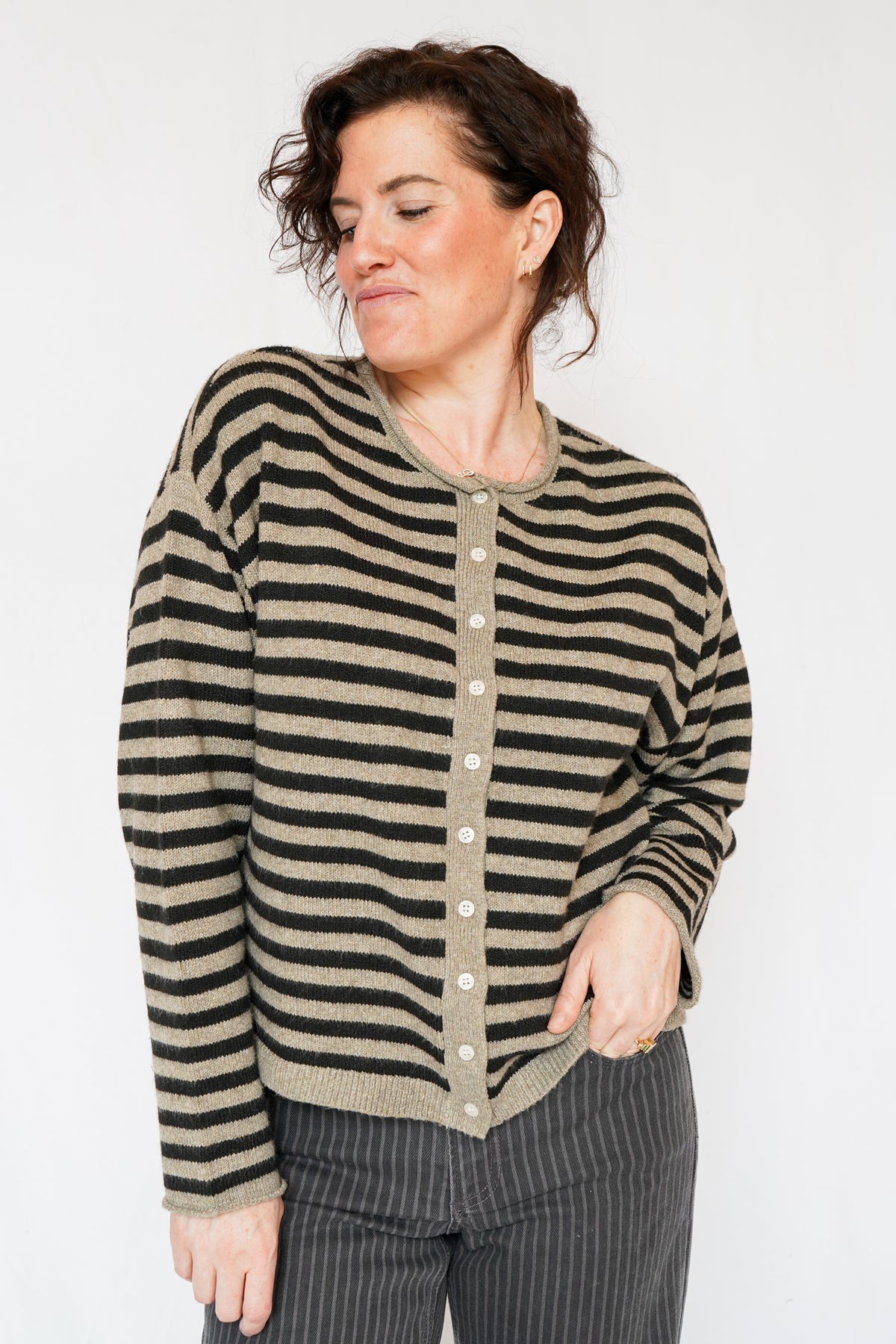 Dover Button Front Cardigan Sweater in Pewter Black Stripe