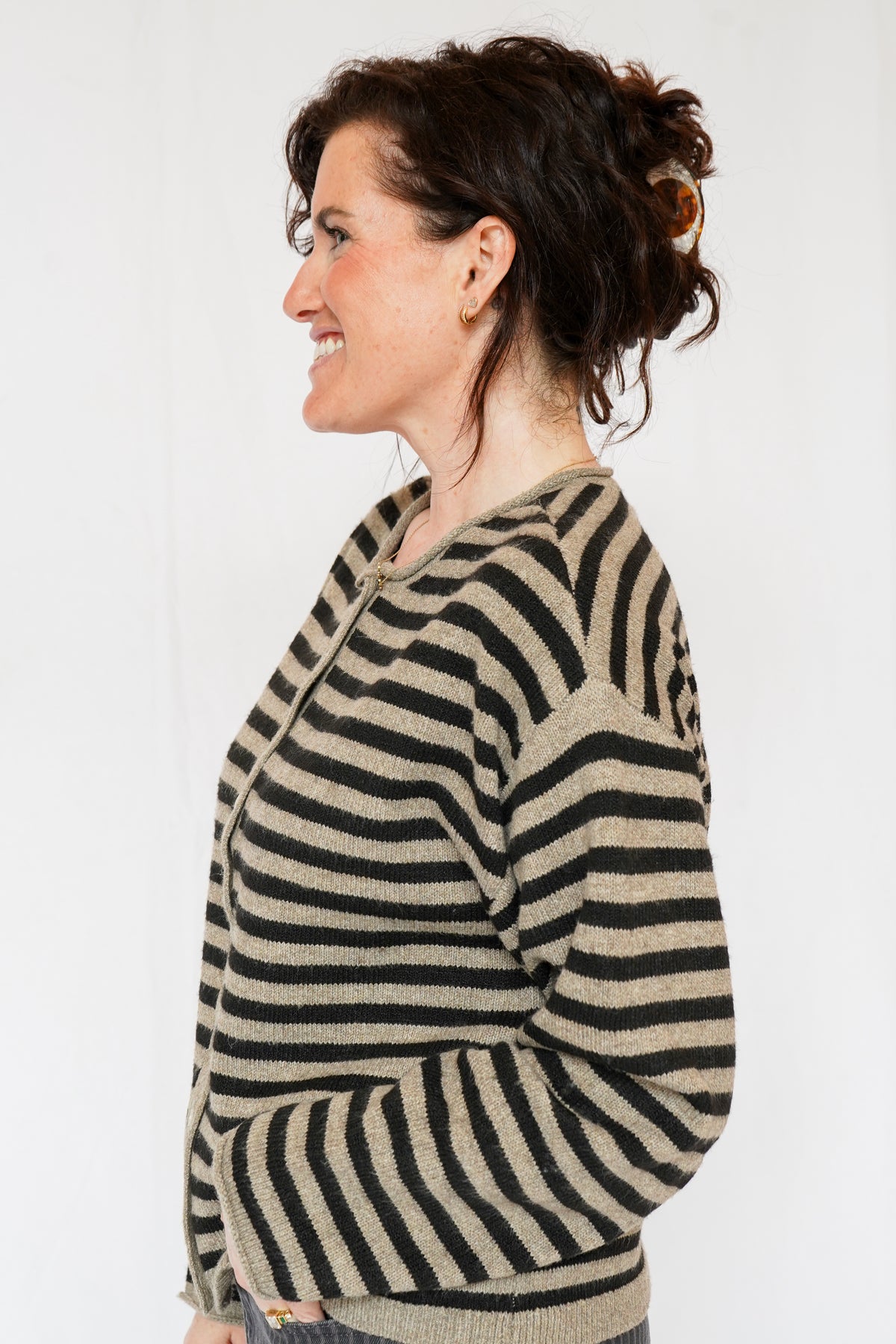 Dover Button Front Cardigan Sweater in Pewter Black Stripe