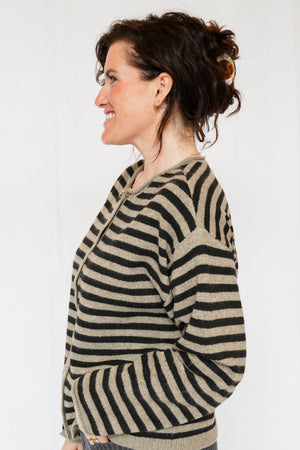 Dover Button Front Cardigan Sweater in Pewter Black Stripe