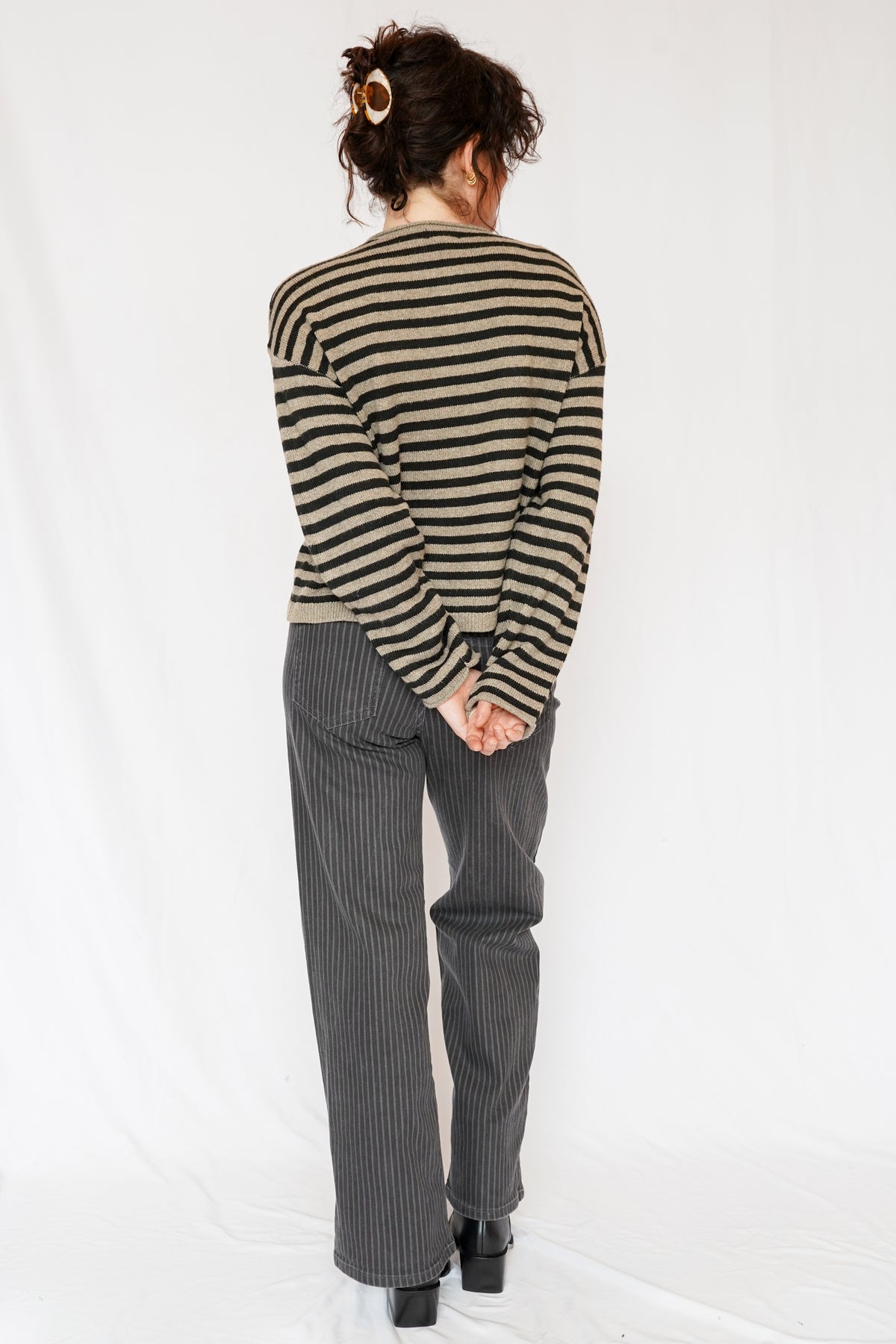 Dover Button Front Cardigan Sweater in Pewter Black Stripe