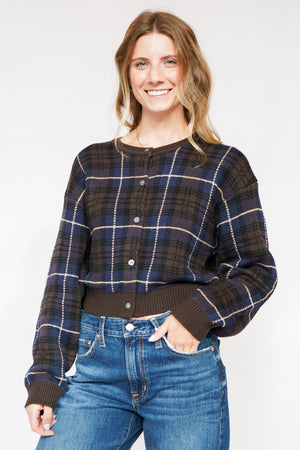 Good American The Jacquard Cardigan in Choclate Plaid