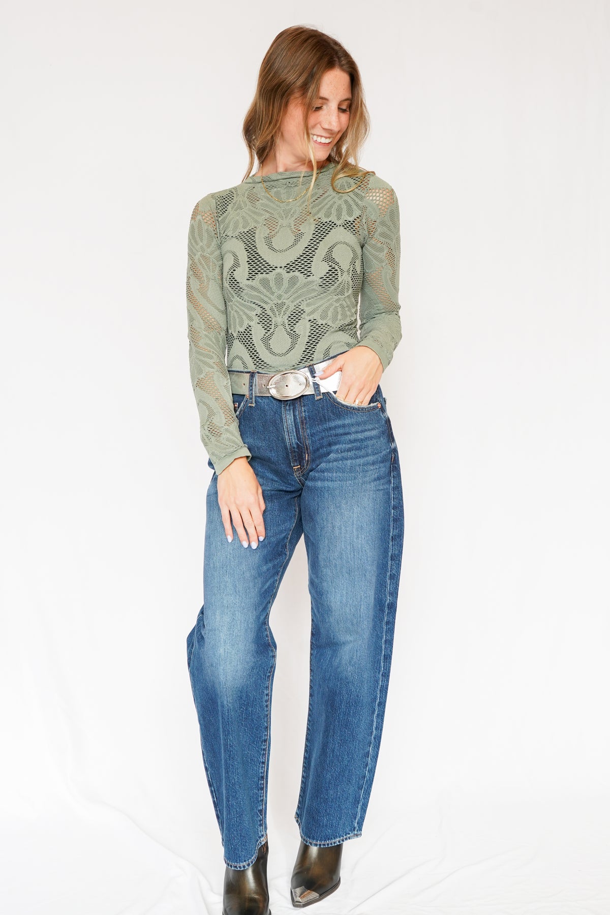 Knit Seamless Jacquard Mock Neck Long Sleeve Top in Light Green
