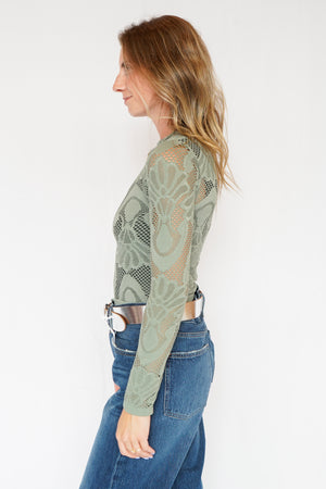 Knit Seamless Jacquard Mock Neck Long Sleeve Top in Light Green