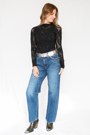 Knit Seamless Jacquard Mock Neck Long Sleeve Top in Black