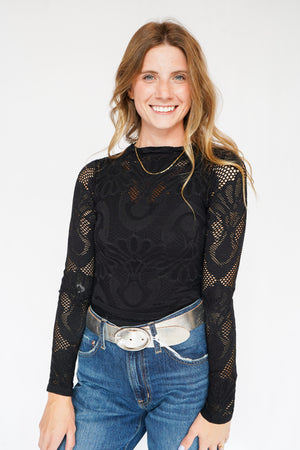 Knit Seamless Jacquard Mock Neck Long Sleeve Top in Black