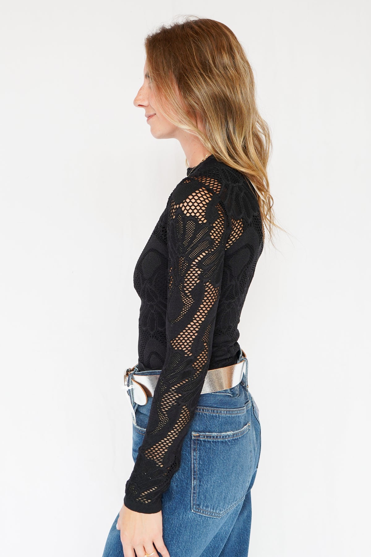 Knit Seamless Jacquard Mock Neck Long Sleeve Top in Black