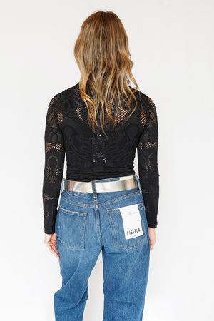 Knit Seamless Jacquard Mock Neck Long Sleeve Top in Black