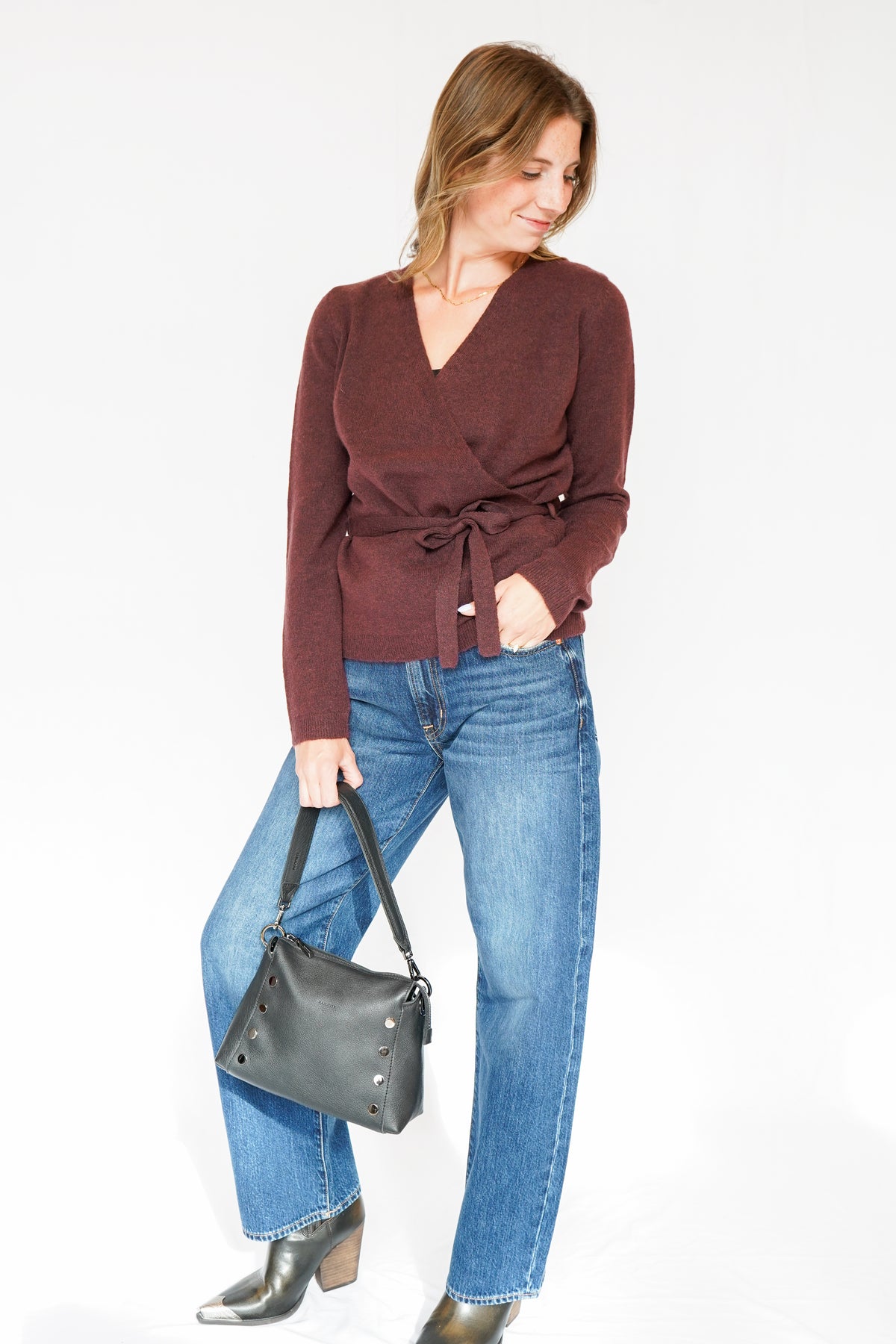 Sutton Wrap Sweater Top w/ Belted Side Tie in Raisin