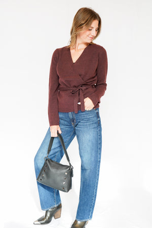 Sutton Wrap Sweater Top w/ Belted Side Tie in Raisin