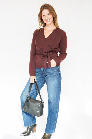 Sutton Wrap Sweater Top w/ Belted Side Tie in Raisin