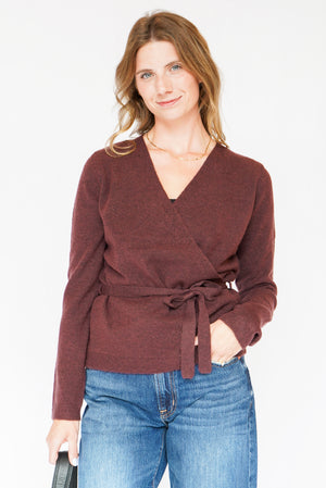 Sutton Wrap Sweater Top w/ Belted Side Tie in Raisin