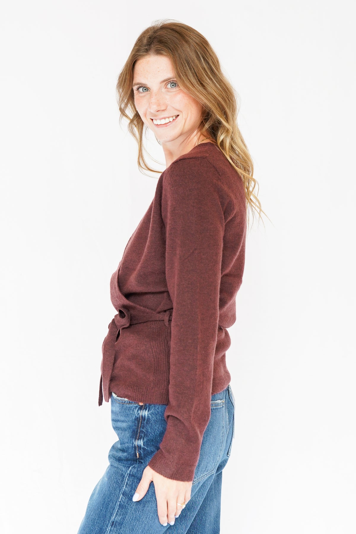 Sutton Wrap Sweater Top w/ Belted Side Tie in Raisin