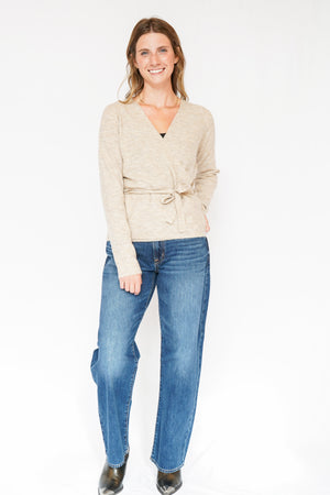 Sutton Wrap Sweater Top with Belted Side Tie in Oatmeal