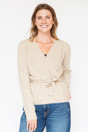 Sutton Wrap Sweater Top with Belted Side Tie in Oatmeal