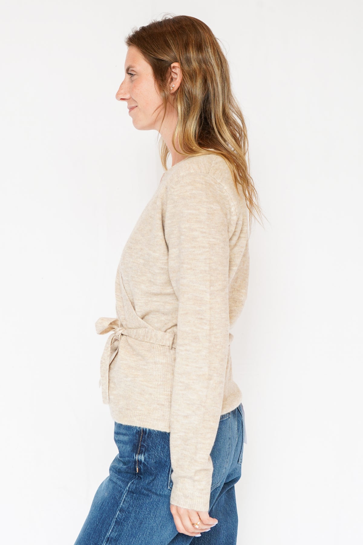 Sutton Wrap Sweater Top with Belted Side Tie in Oatmeal