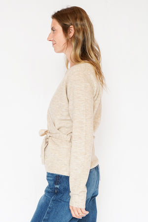 Sutton Wrap Sweater Top with Belted Side Tie in Oatmeal