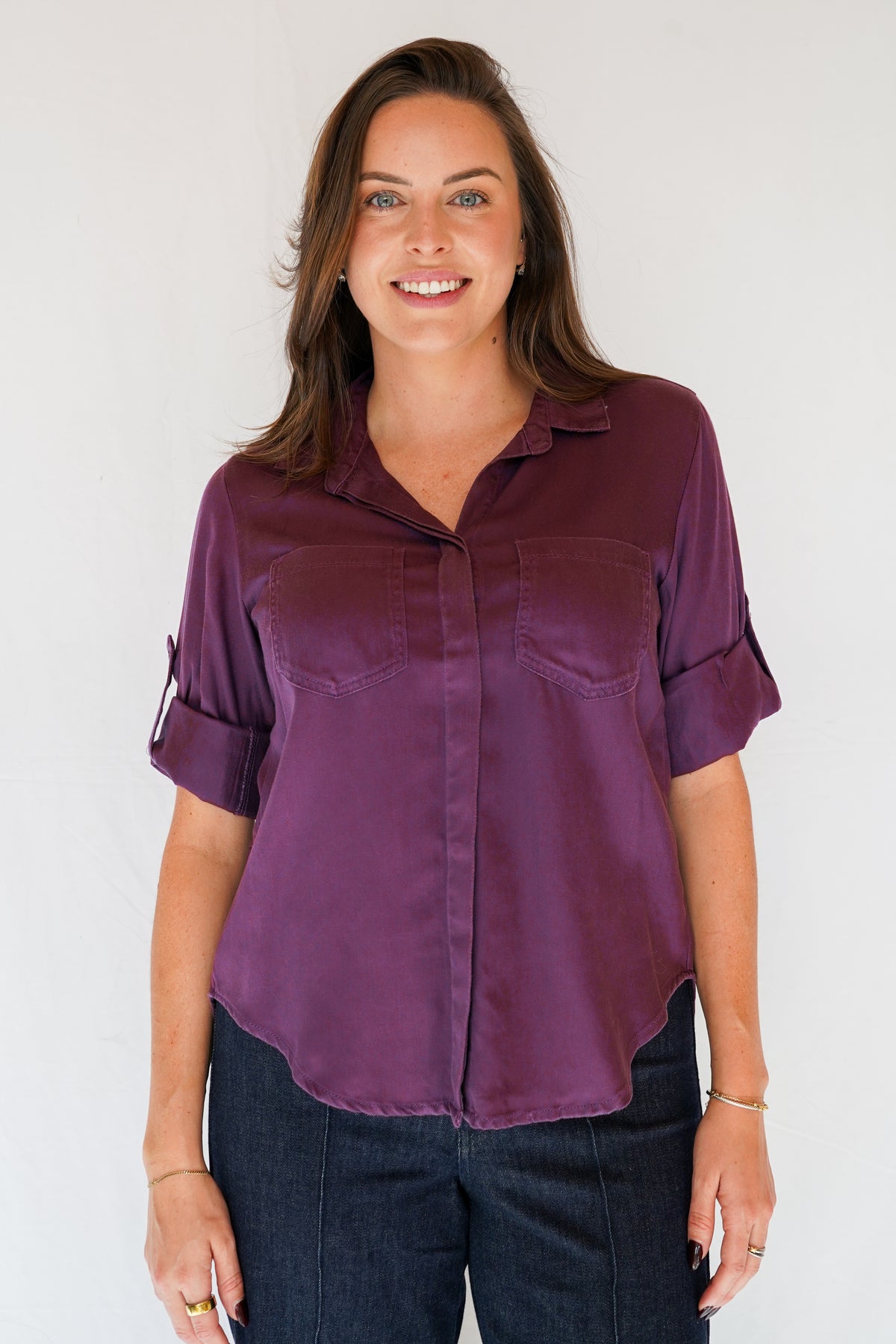 Riley Button Down Tencel Shirt in Plum