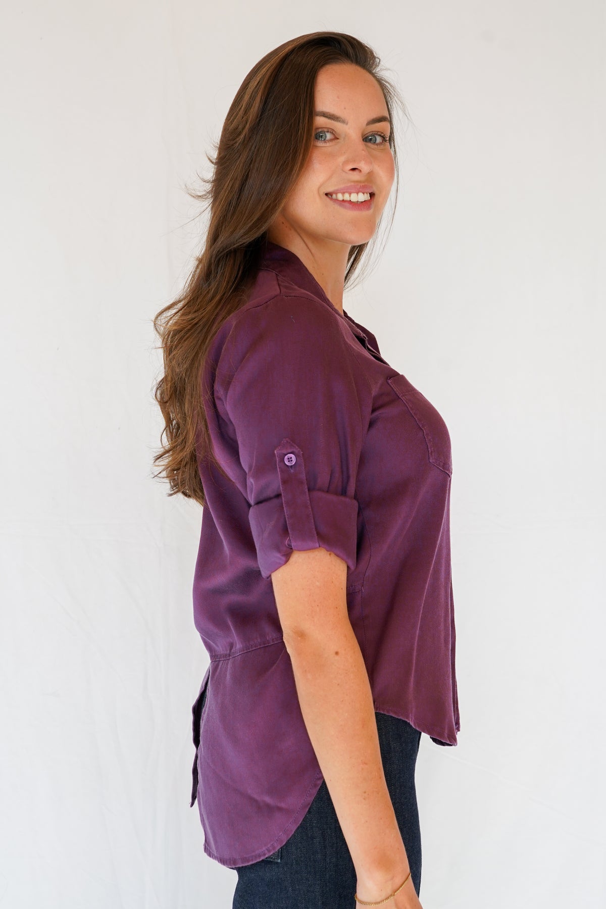Riley Button Down Tencel Shirt in Plum