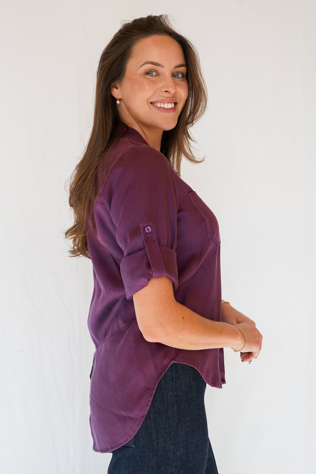 Riley Button Down Tencel Shirt in Plum
