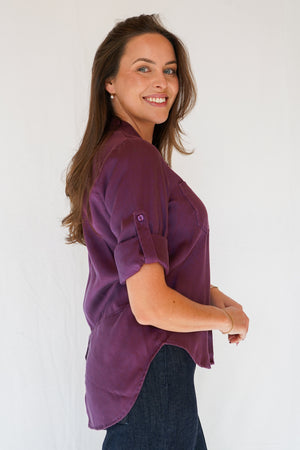 Riley Button Down Tencel Shirt in Plum