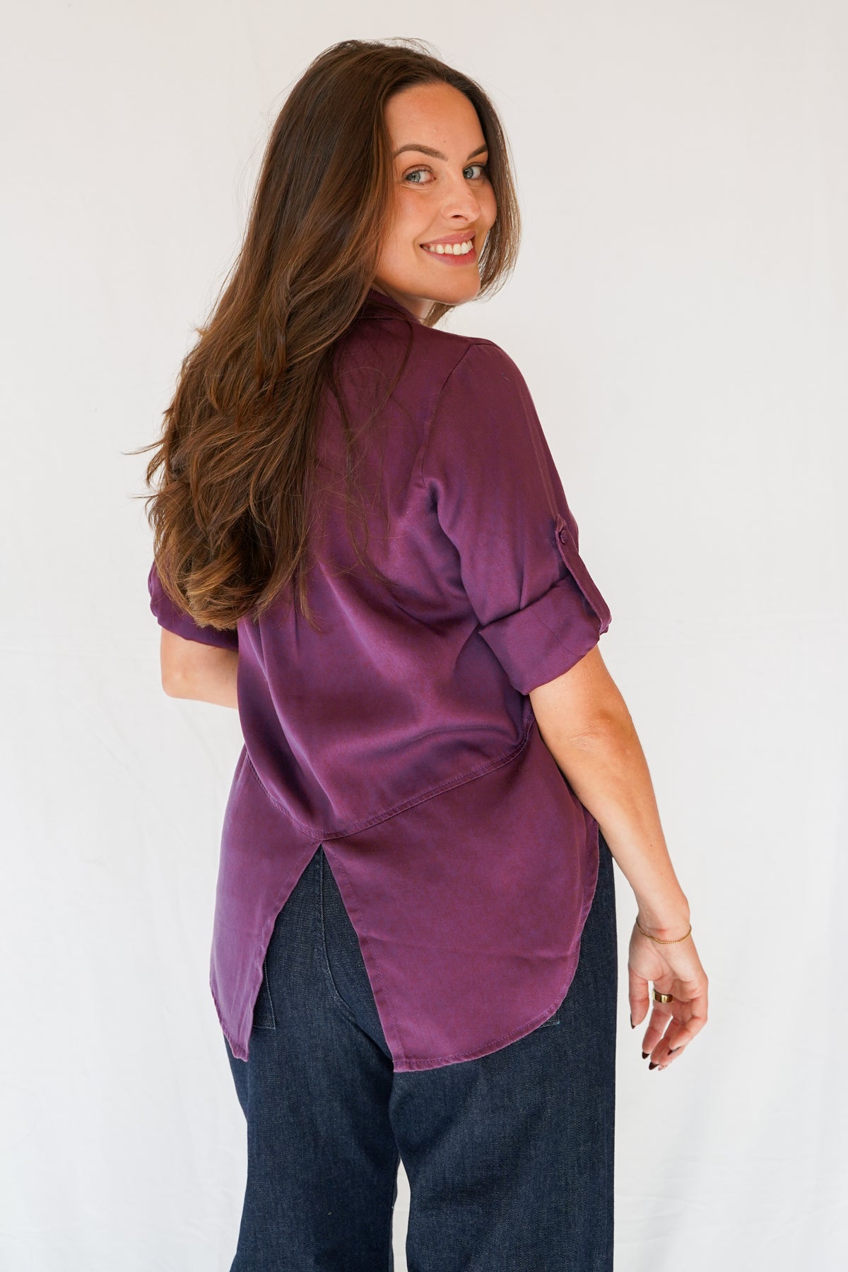 Riley Button Down Tencel Shirt in Plum