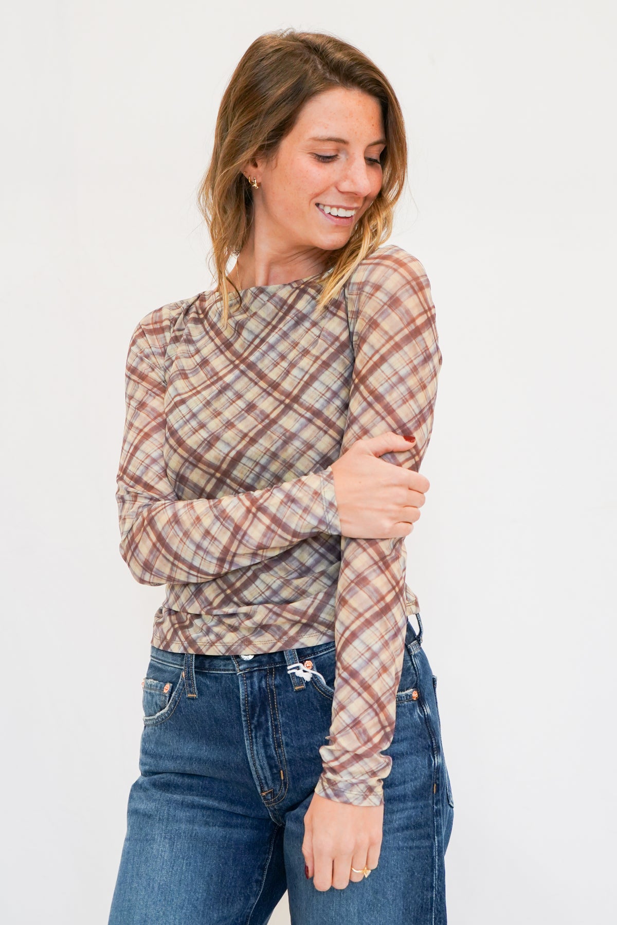 Zadie Mesh Top in Brown Plaid