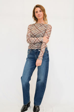 Zadie Mesh Top in Brown Plaid