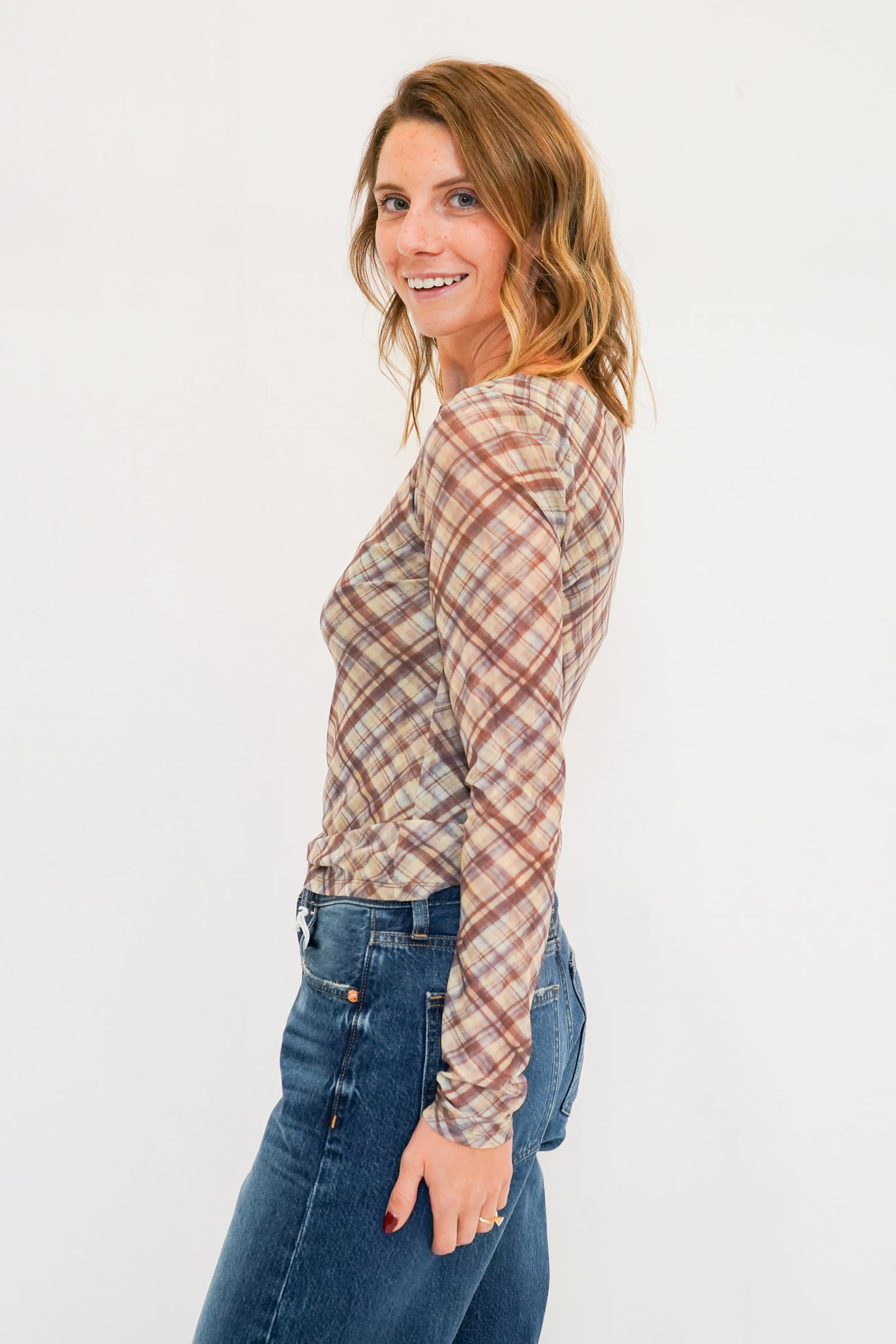 Zadie Mesh Top in Brown Plaid