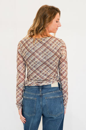 Zadie Mesh Top in Brown Plaid