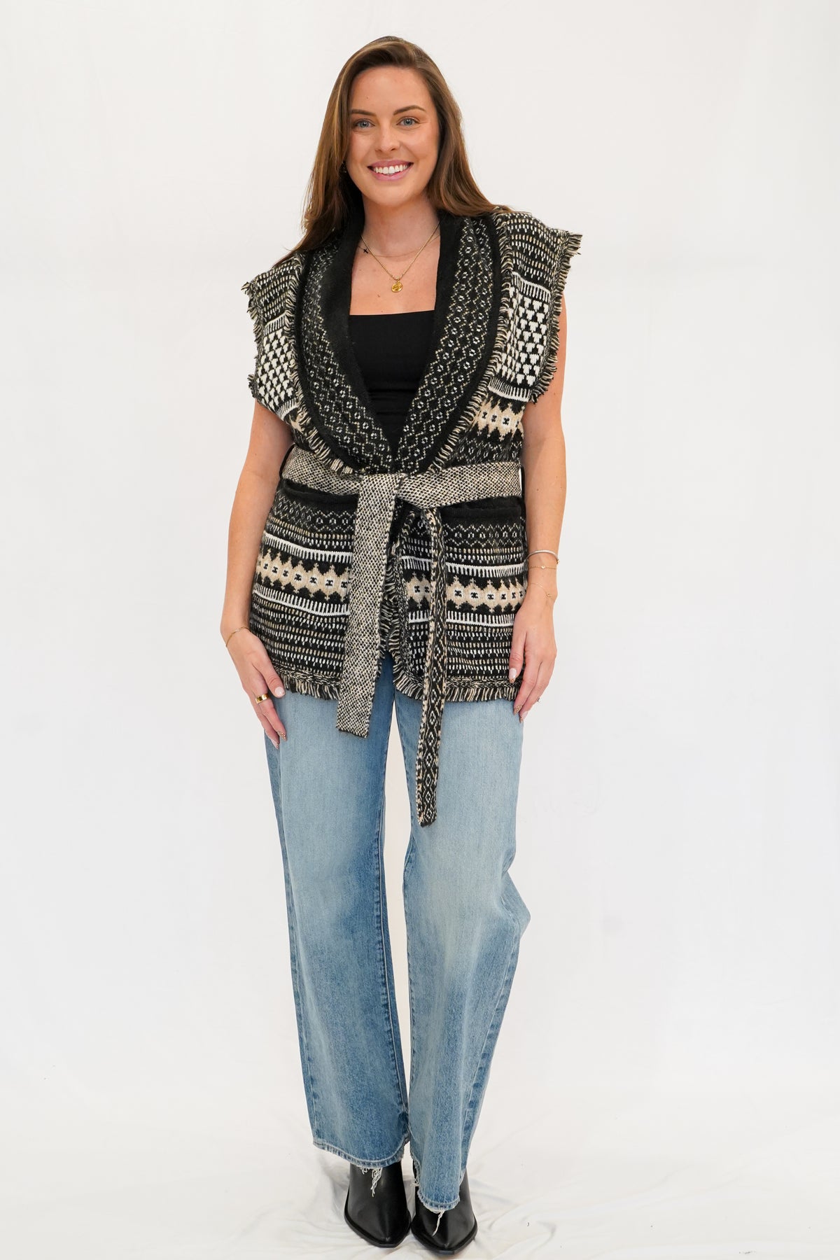 Jackson Printed Belted Sweater in Black
