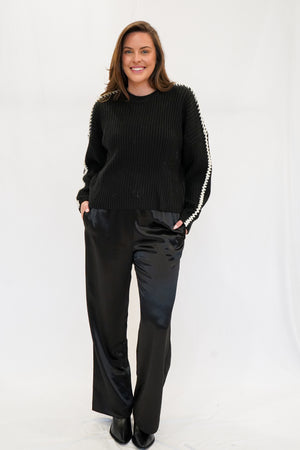 Jenna Stitched Sleeve Sweater in Black