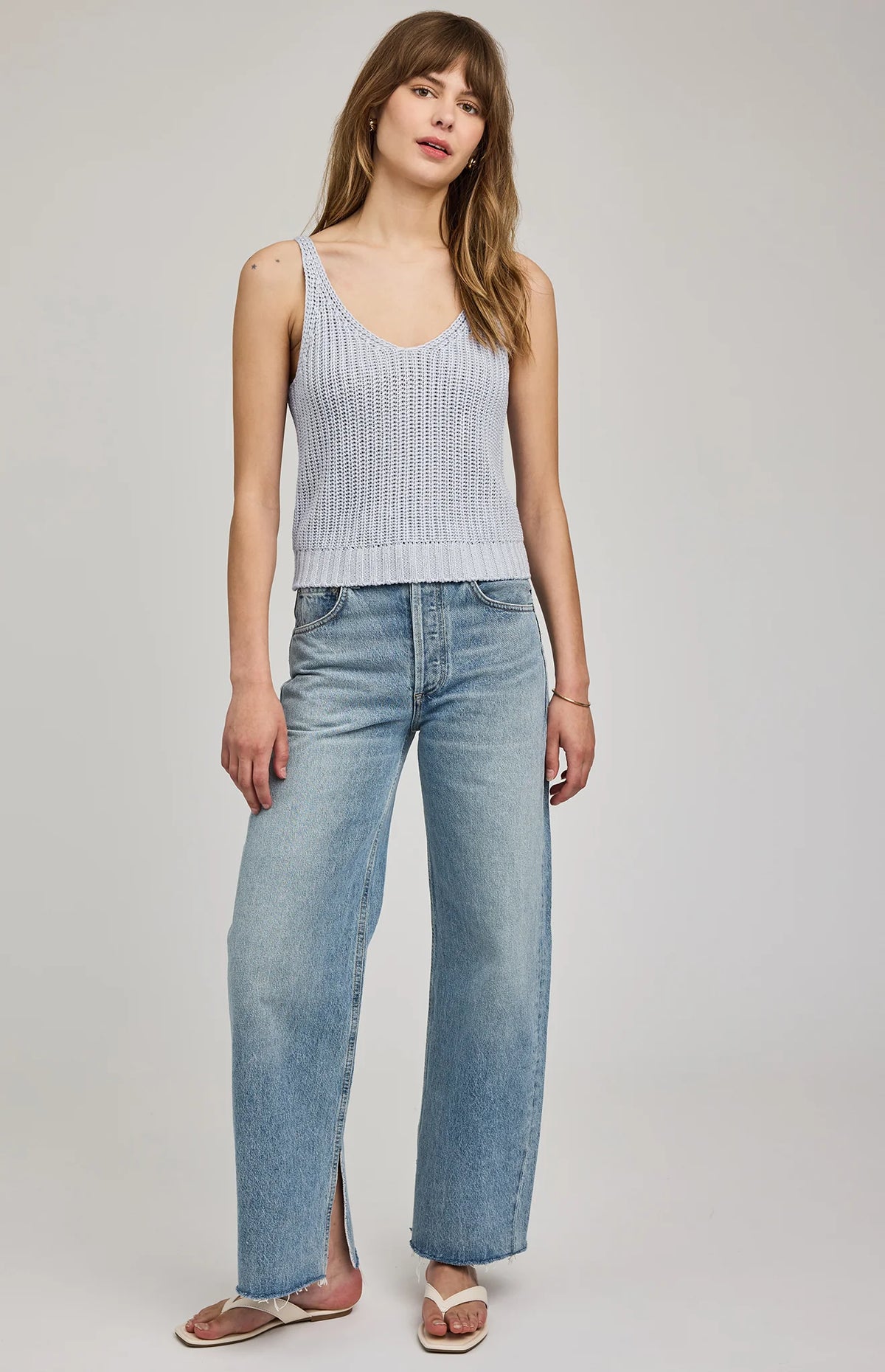 Lizze Scoop V-neck Knit Tank in Chambray