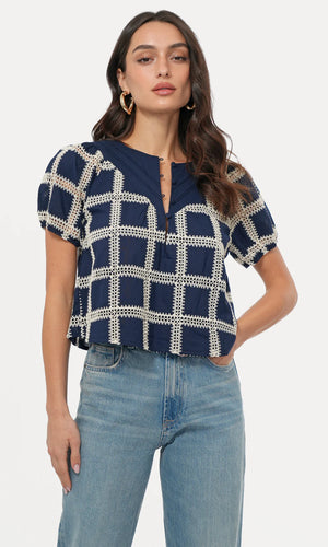 Greylin Henney Grid Crochet  Navy Top