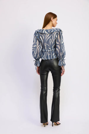 En Sasion Cypress Peplum Ruffle Slate Blouse