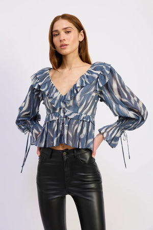 En Sasion Cypress Peplum Ruffle Slate Blouse