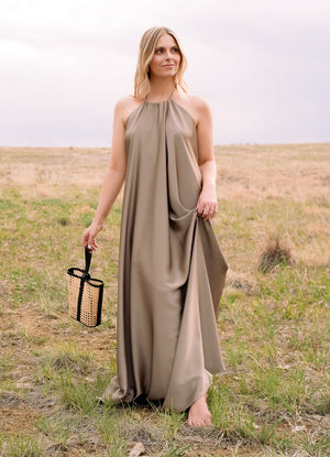 Long Khaki Green Satin Dress
