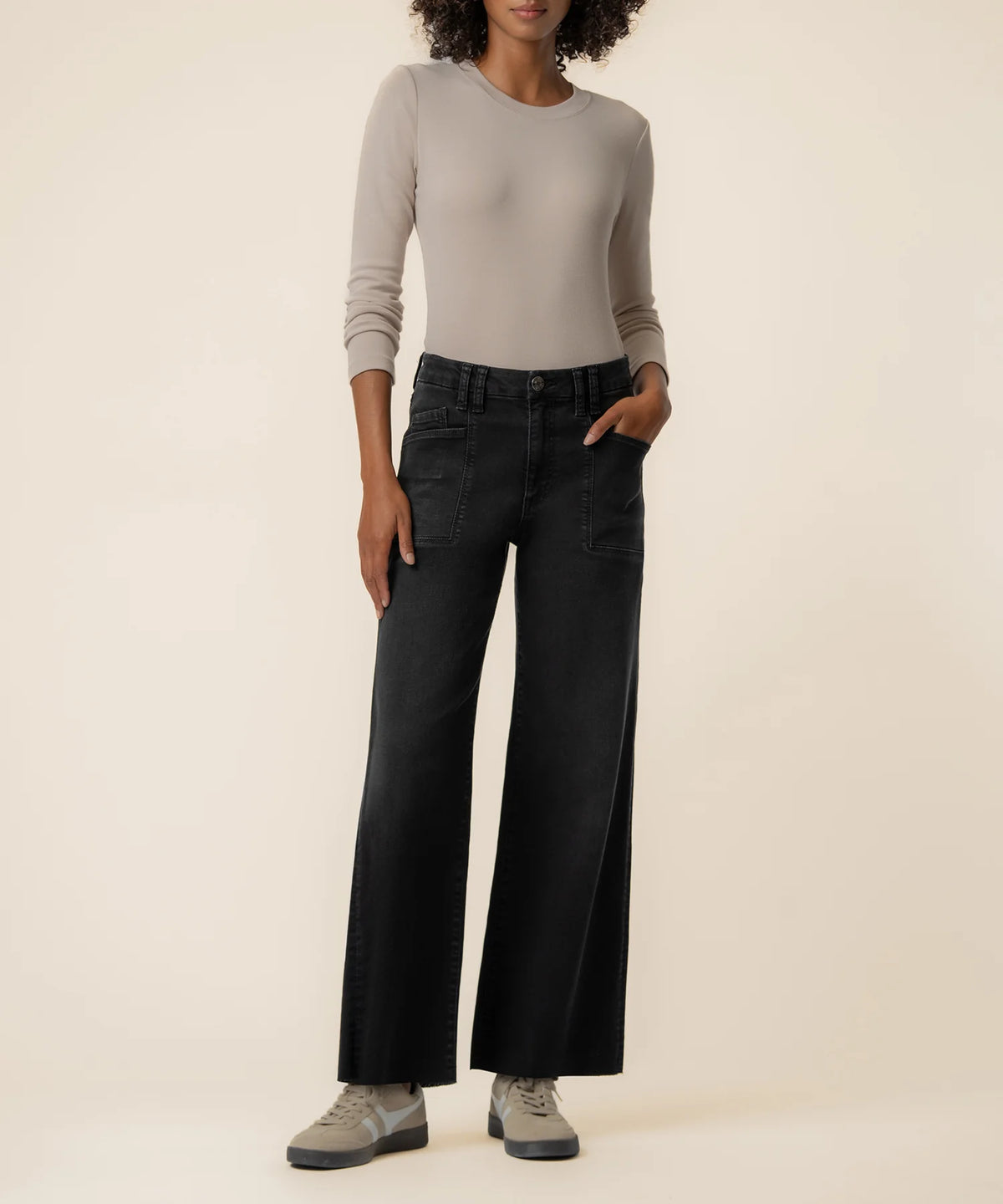 KUT Meg High Rise Wide Leg Front Pockets Raw Hem Jean in Politely