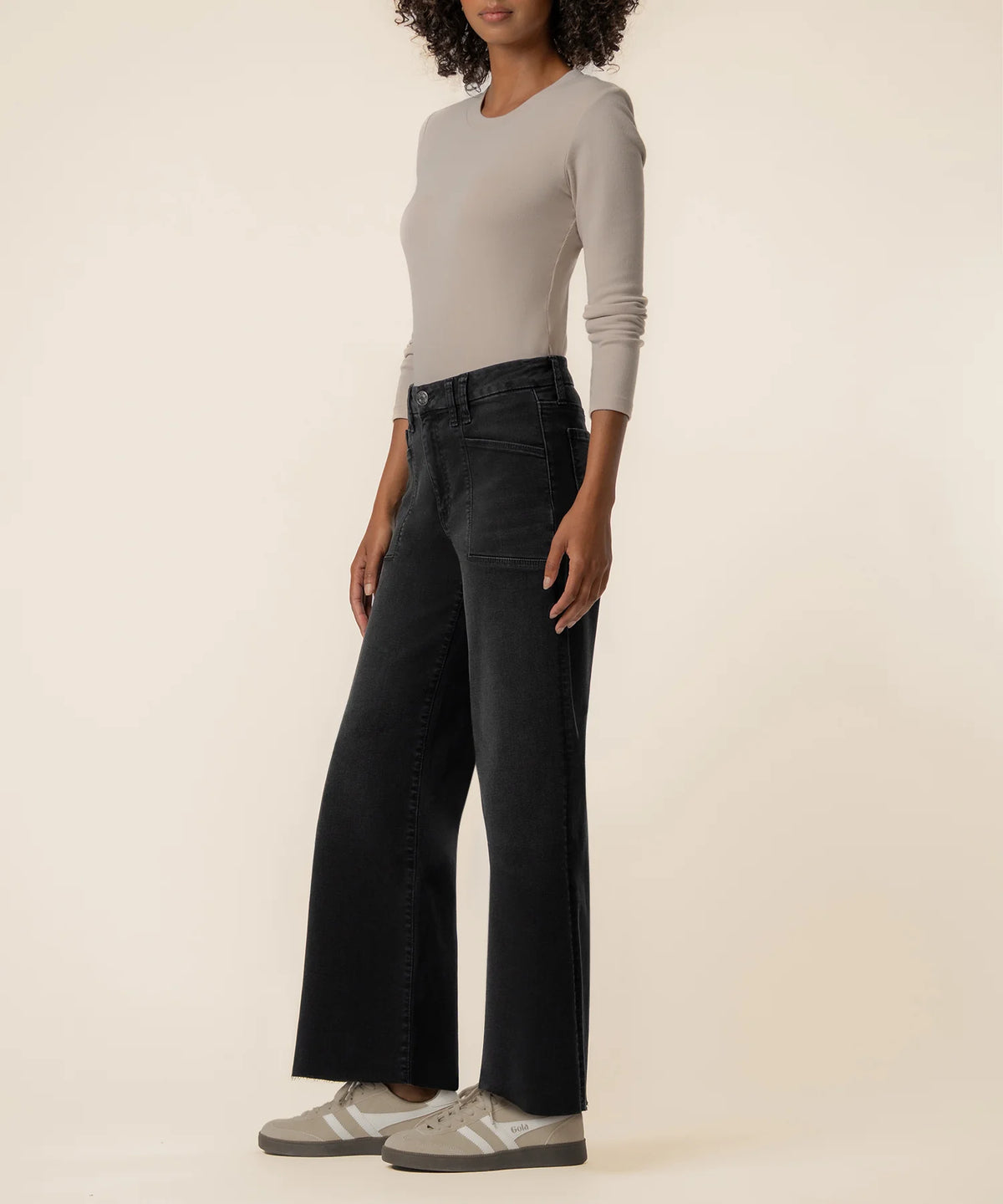 KUT Meg High Rise Wide Leg Front Pockets Raw Hem Jean in Politely